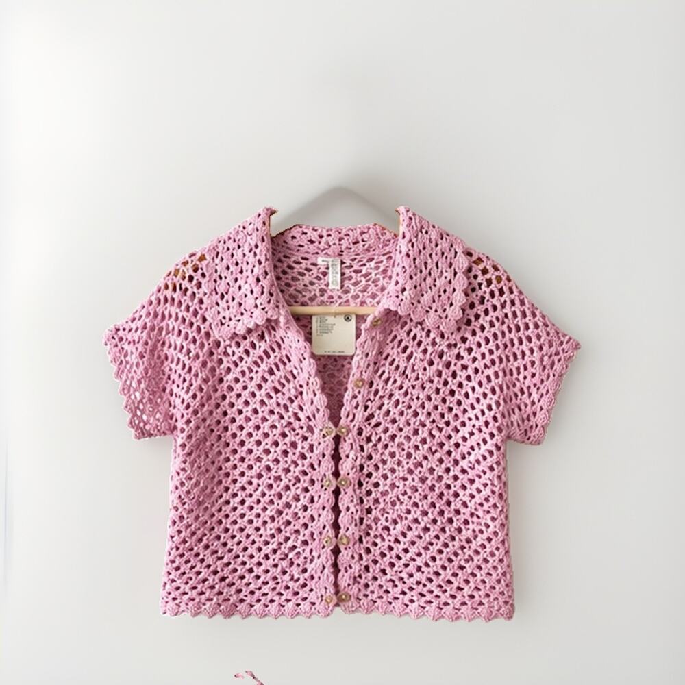 Free People XS Candy Lilac Crochet Knit Button Front Collared Cardigan Top NWT